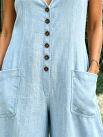 Women’s Summer Cotton Casual Sleeveless V-neck Pocket Wide-leg Jumpsuit