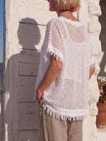 Vintage Art Comfortable Summer Fabrics Cut Out Mesh Knit Patchwork Raw Edges Shirt