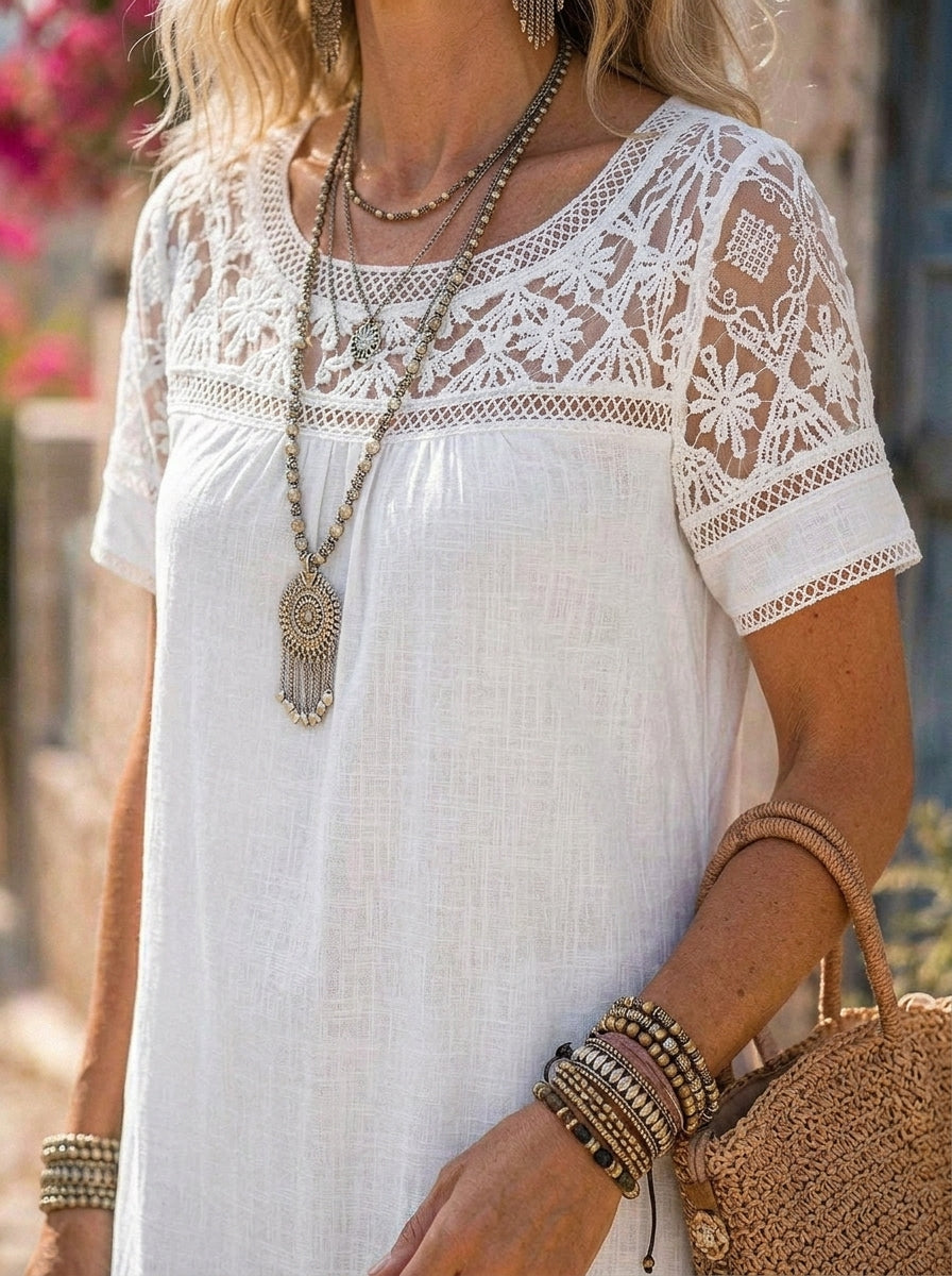 Women’s Lace Yoke Short Sleeve Cotton Linen Shift Dress With Pockets