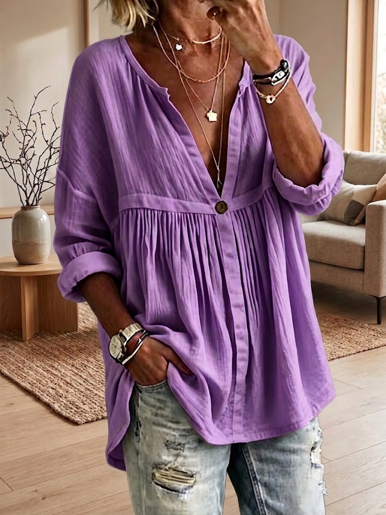 Women's Casual Loose Solid-color Long-sleeve Button-front Pullover Shirt