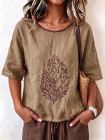 Women's Casual Loose-fit Cotton-linen Top With Placement Embroidery, Crew Neck, And 3/4 Sleeves With Drawstring Detail