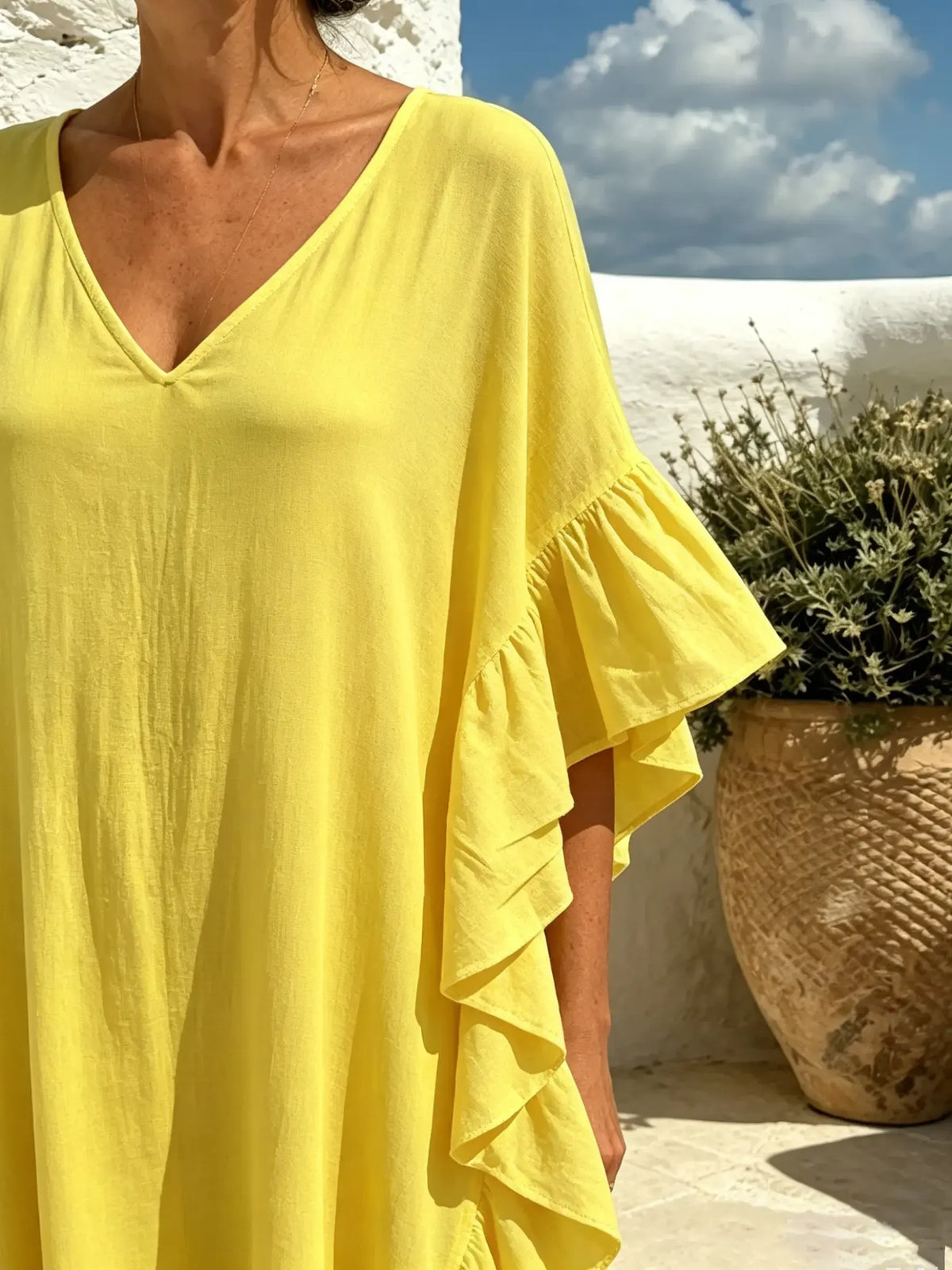 Women Solid Ruffle V-Neck Casual Beach Maxi Dress
