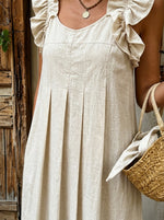 Women's Ruffle Strap Pleated Linen Midi Dress With Pockets