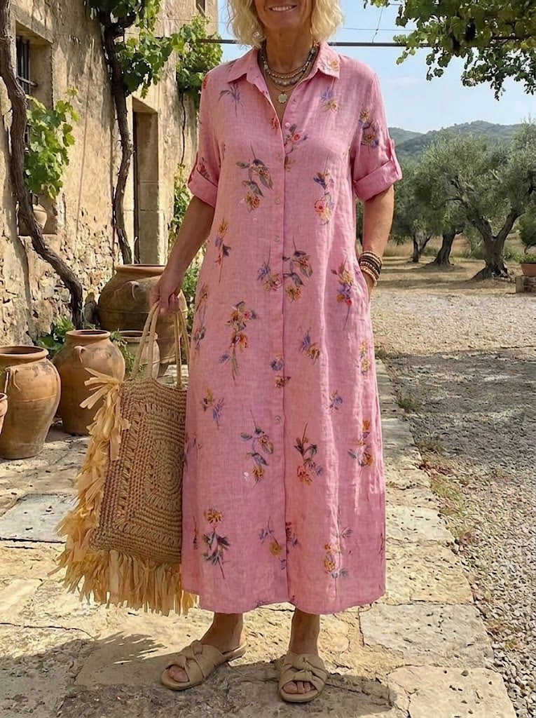 Women's Pink Floral Button-Down Maxi Dress