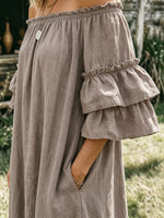 Women's Boho Off-shoulder Linen Blend Maxi Dress – Loose Fit Ruffle Sleeve Country Cottage Dress With Pockets