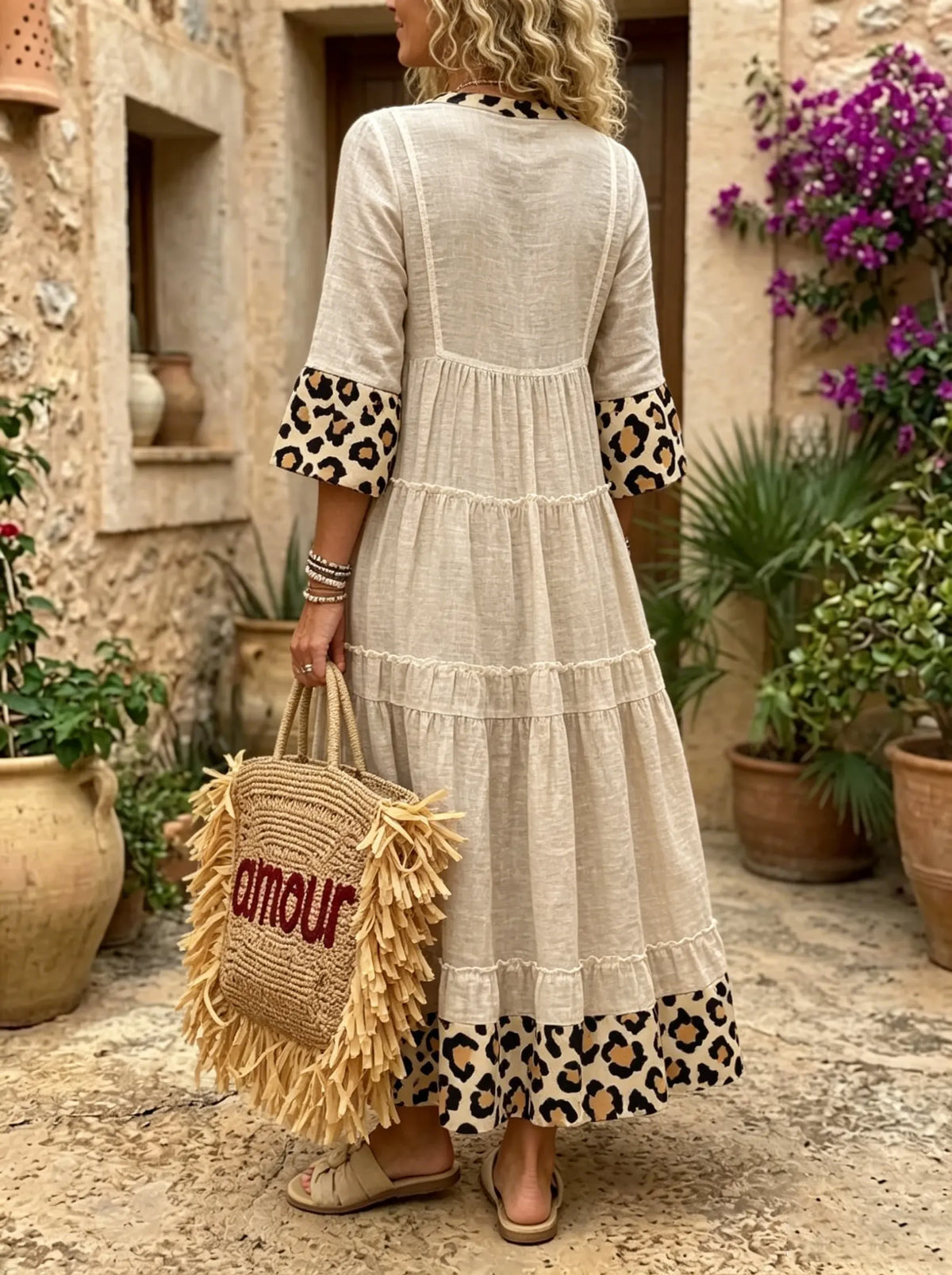 Wild Prairie Leopard-Trim Tiered Maxi Dress