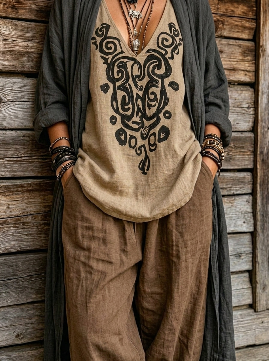 Womens Boho Printed Tank Long Cardigan & Harem Pants Linen Outfit 3 Piece Set