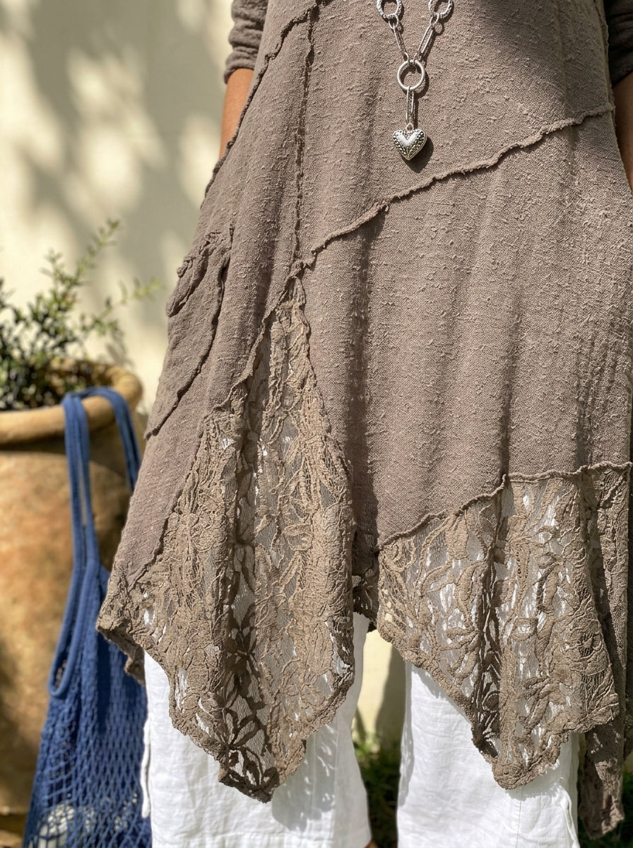 Women’s Cotton Boho Lace Patchwork Irregular Long Tunic Dress With Pockets