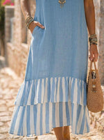 Women’s Striped Ruffle Hem Cotton Linen Midi Dress With Pockets