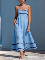 Women’s Ric Rac Trim Spaghetti Strap Pocket Cotton Linen Midi Dress