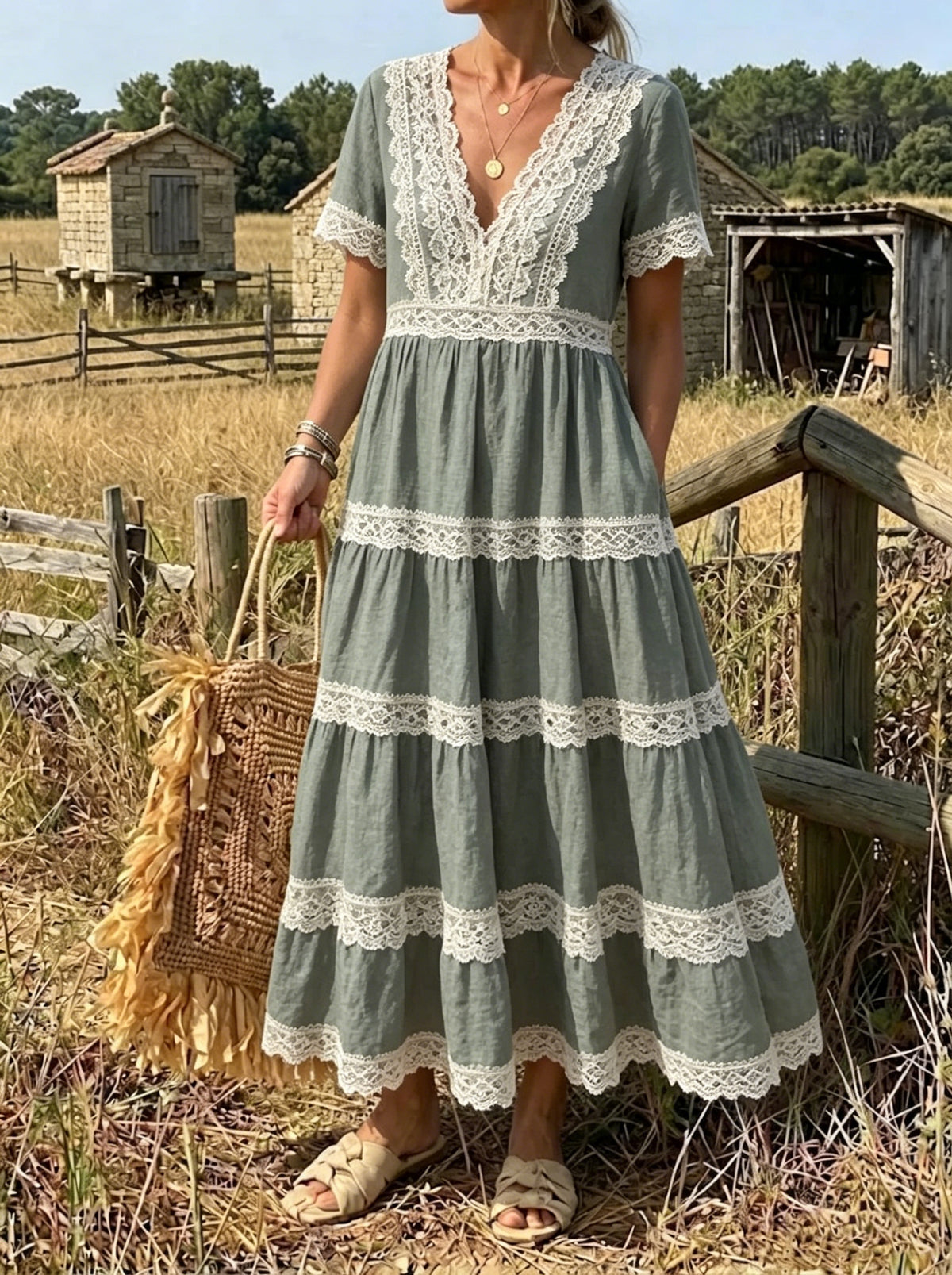 Women's Olive Green Lace Tiered Maxi Dress