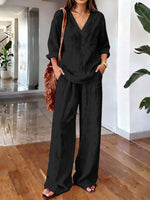 Women's Casual Long-sleeve V-neck Pullover & Pants Set – Washed Cotton (available In Multiple Colors)