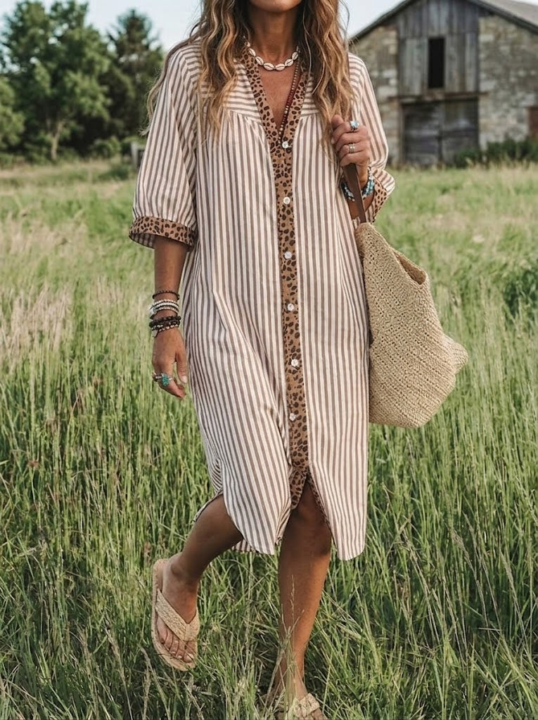 Prairie Stripe Leopard-Trim Shirt Dress