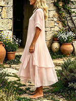 Solid Flow Double Layer Flounce Sleeve Irregular Hem Maxi Dress