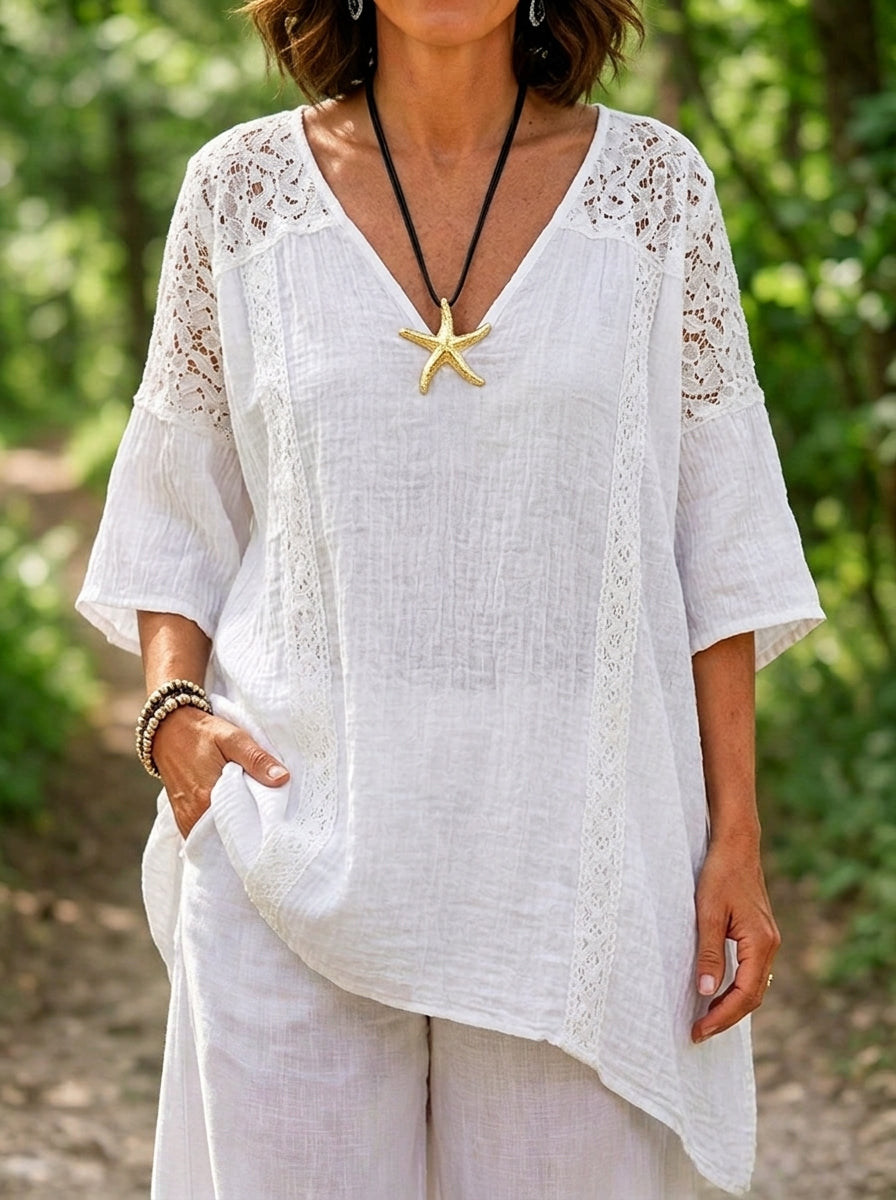 Women’s Lace Patch V-Neck Irregular Hem Cotton Linen Tunic Top