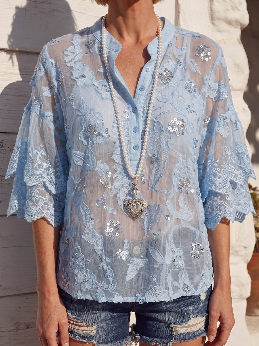 Vintage Art Comfortable Summer Fabrics Sequin Embellished Jacquard Chiffon Shirt