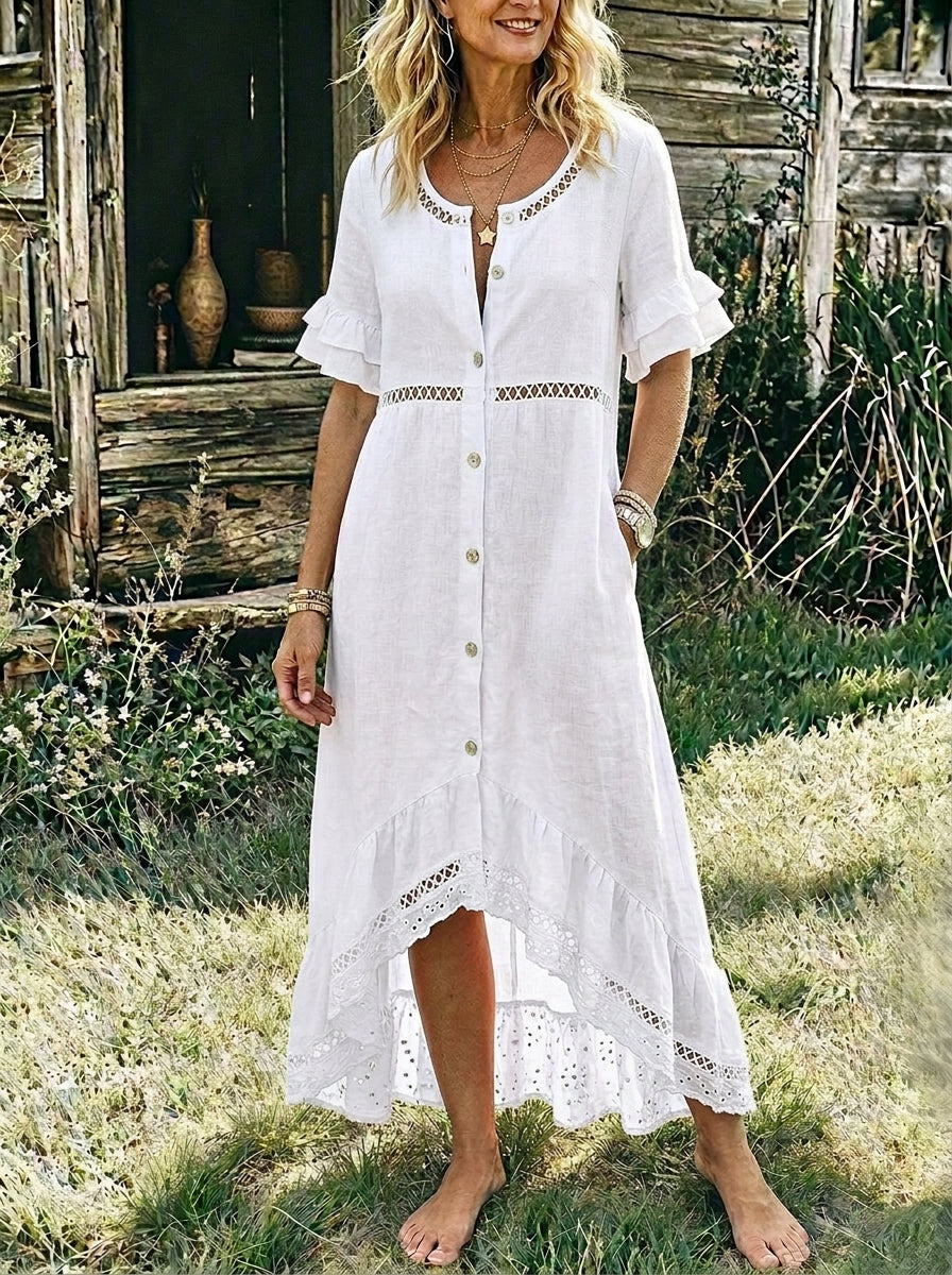 Women's Eyelet Lace Ruffle Short Sleeve Button Down High Low Linen Midi Dress