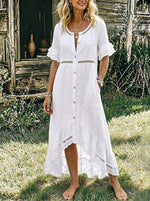 Women's Eyelet Lace Ruffle Short Sleeve Button Down High Low Linen Midi Dress