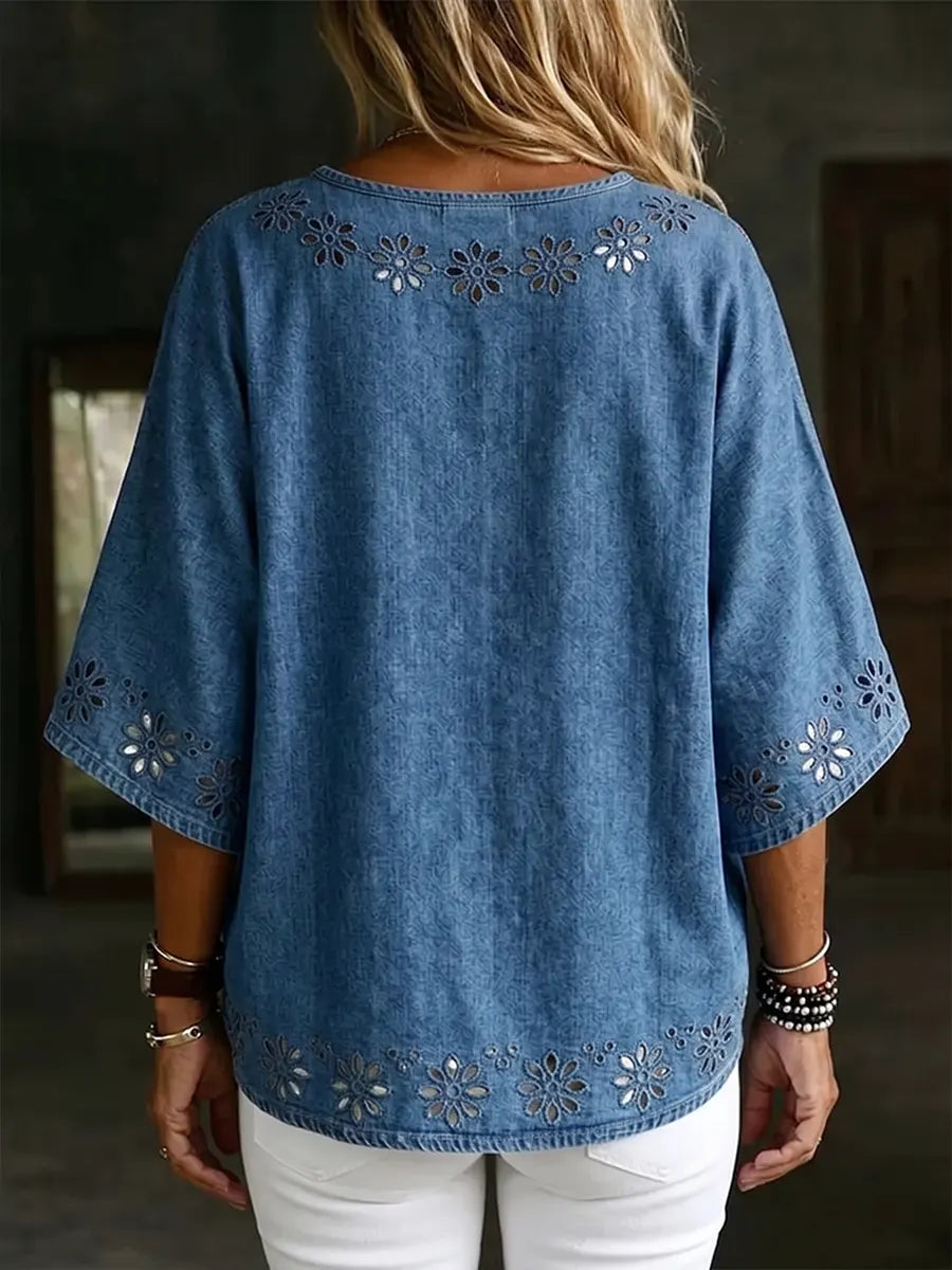 Boho-Chic Denim Floral Eyelet V-Neck Tunic