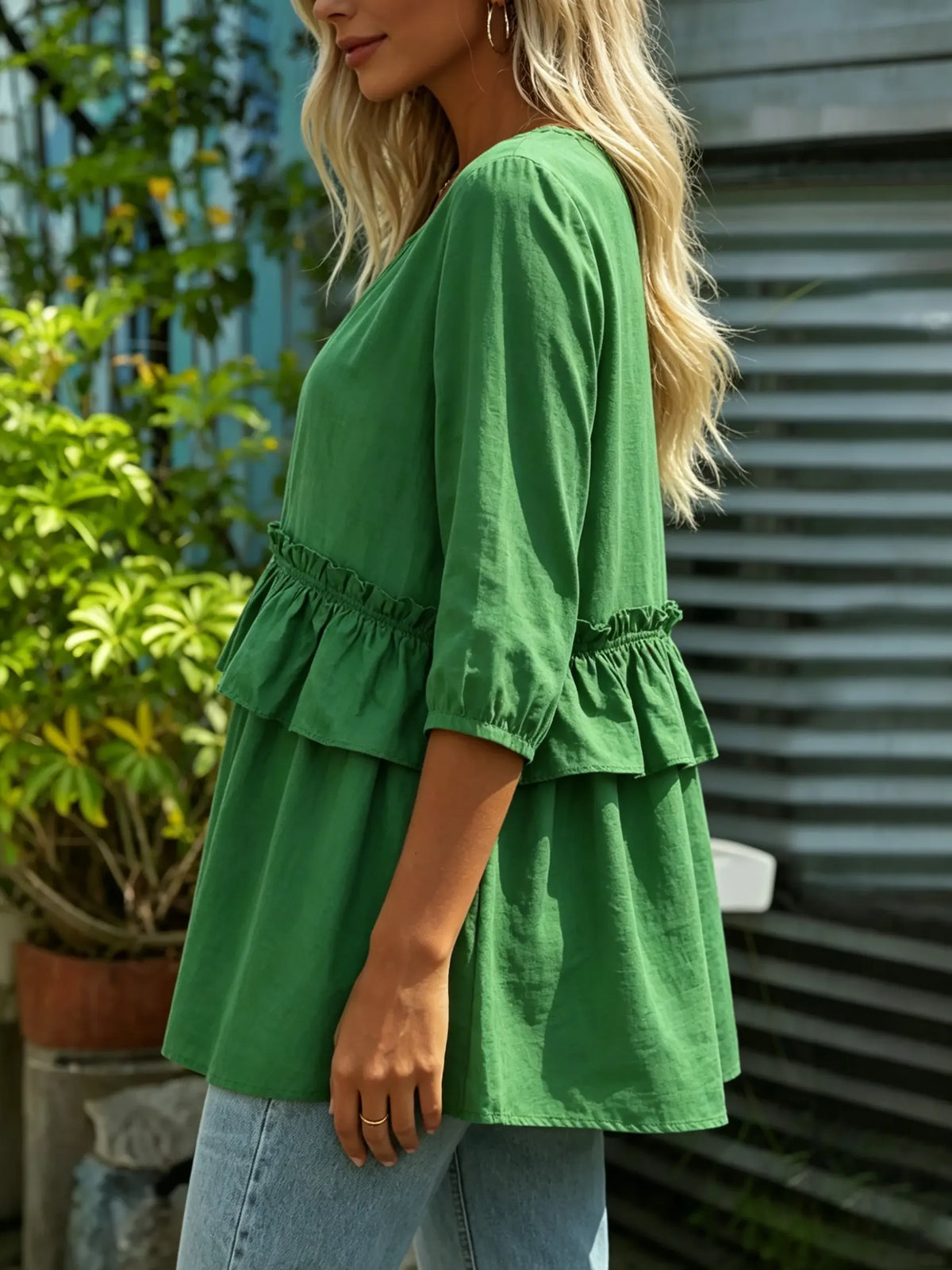 Women Solid Waist Ruffle Loose 3/4 Sleeve Tunic Top