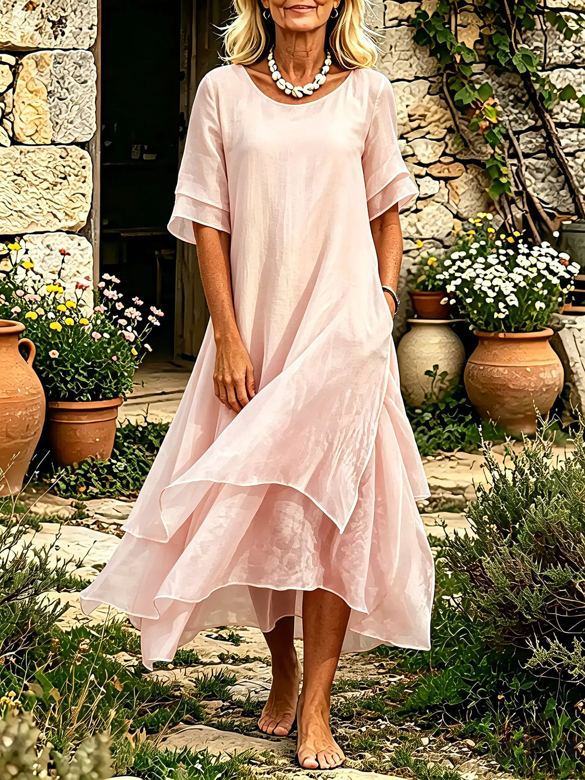 Solid Flow Double Layer Flounce Sleeve Irregular Hem Maxi Dress