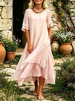 Solid Flow Double Layer Flounce Sleeve Irregular Hem Maxi Dress