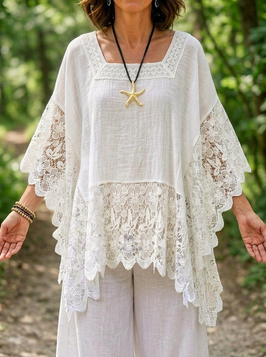 Women’s Square Neck Floral Lace Batwing Sleeve Cotton Linen Tunic