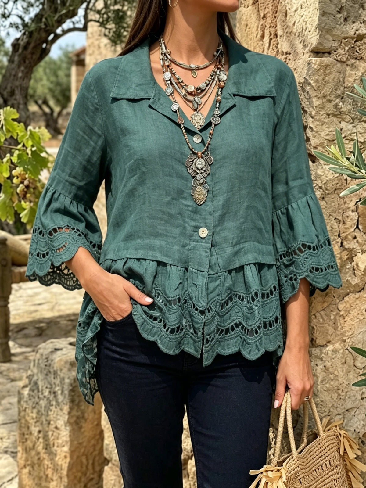 Women's Dark Green Eyelet Peplum Shirt