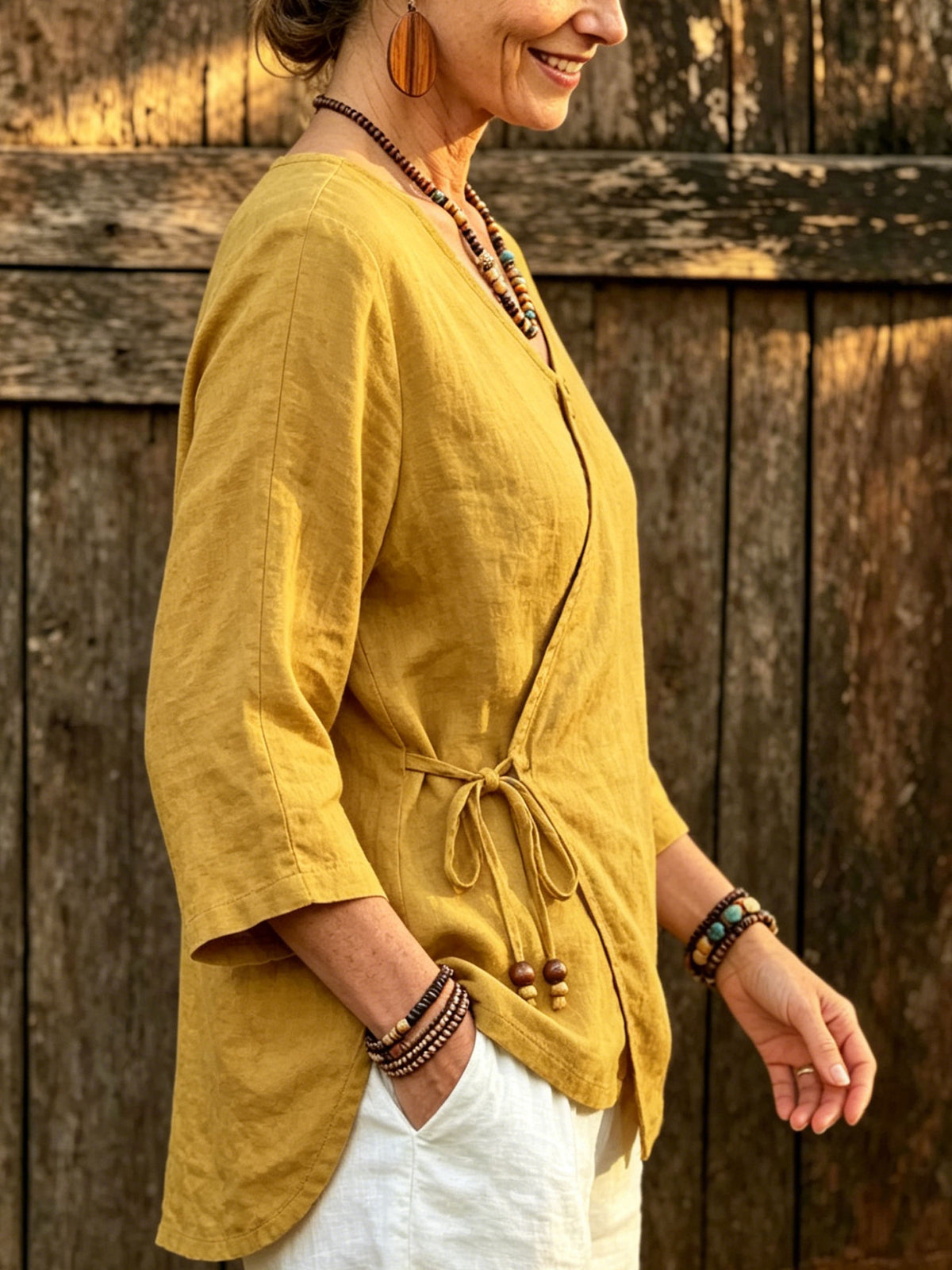 Women’s Mustard Yellow Wrap V Neck Linen Blouse, Side Tie 3/4 Sleeve Casual Shirt