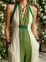 Womens Color Block Halter V Neck Linen Jumpsuit With Pockets