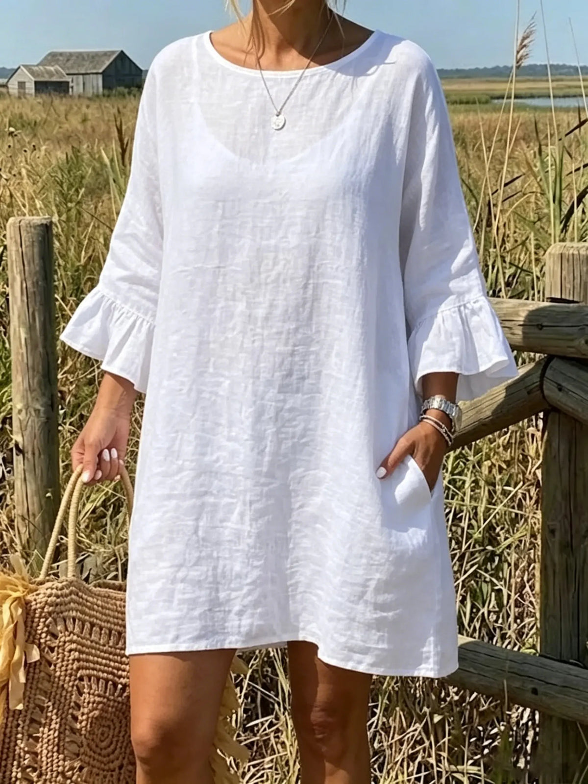 Pure White Bell-Sleeve Oversized Dress