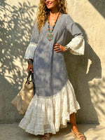 Women's Striped Lace Ruffle Hem Cotton Linen Maxi Dress