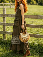 Women's Boho Sun Floral Embroidery Pocket Sleeveless Maxi Dress