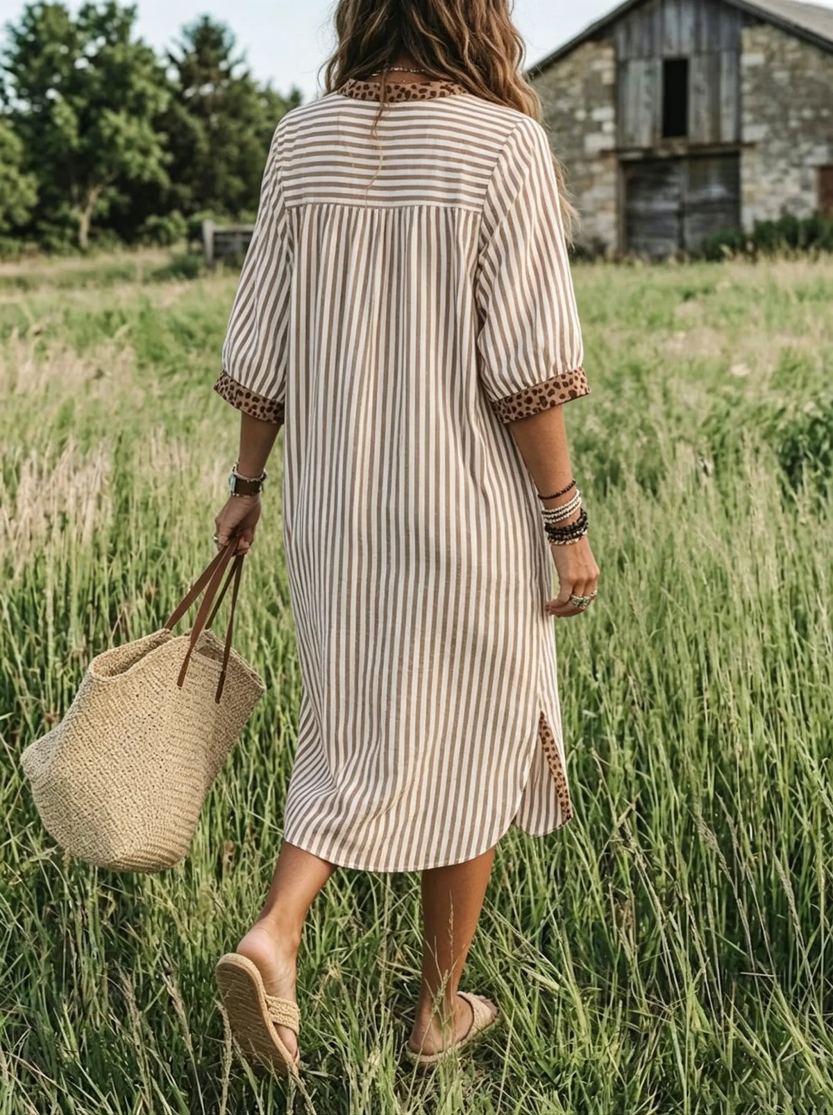 Prairie Stripe Leopard-Trim Shirt Dress