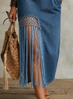 Women’s V Neck Short Sleeve Fringe Slit Denim Midi Dress With Pockets