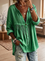 Women's Casual Loose Solid-color Long-sleeve Button-front Pullover Shirt
