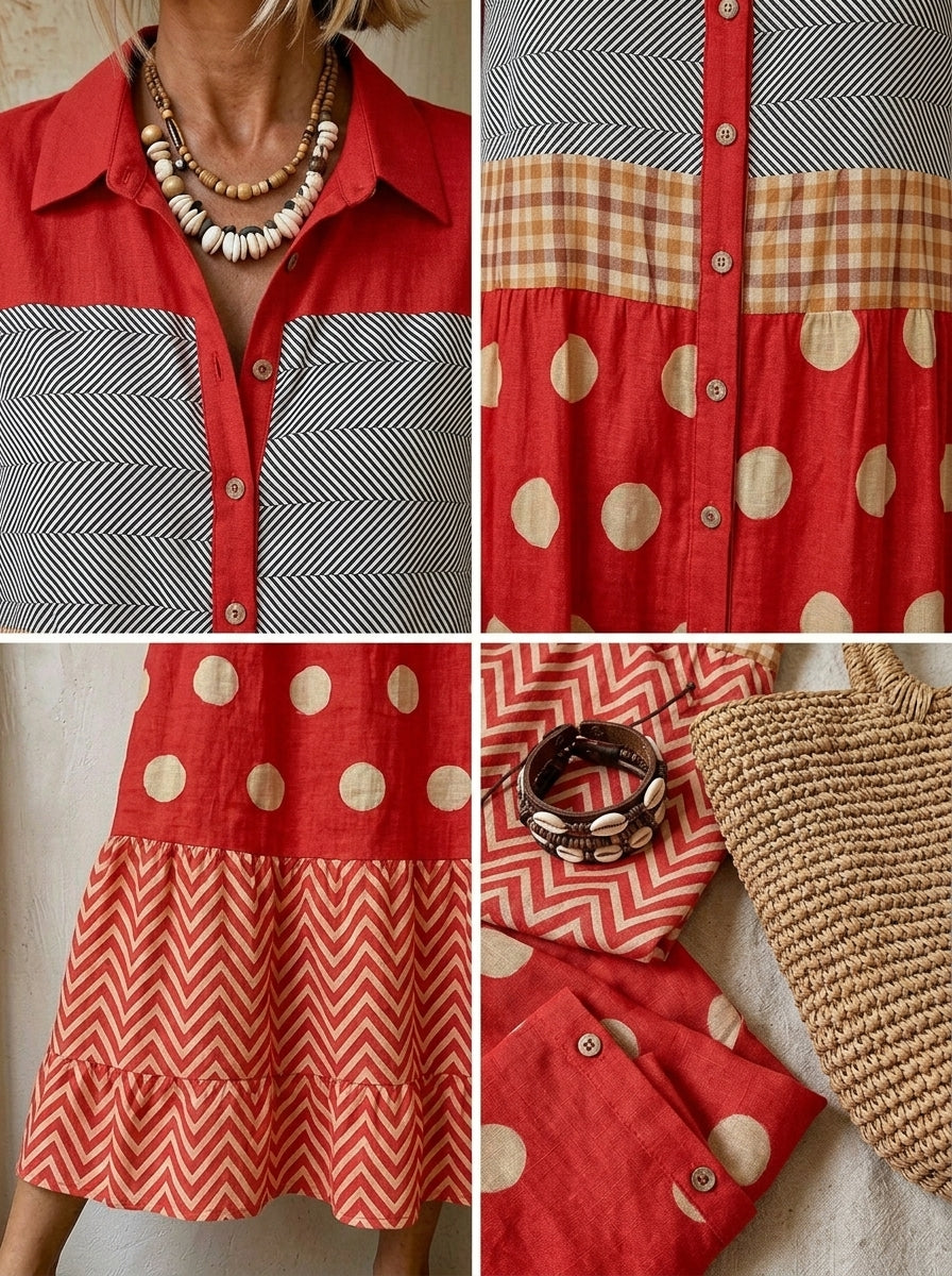 Women's Cute Vintage Patchwork Print Button Front Shirt Midi Dress