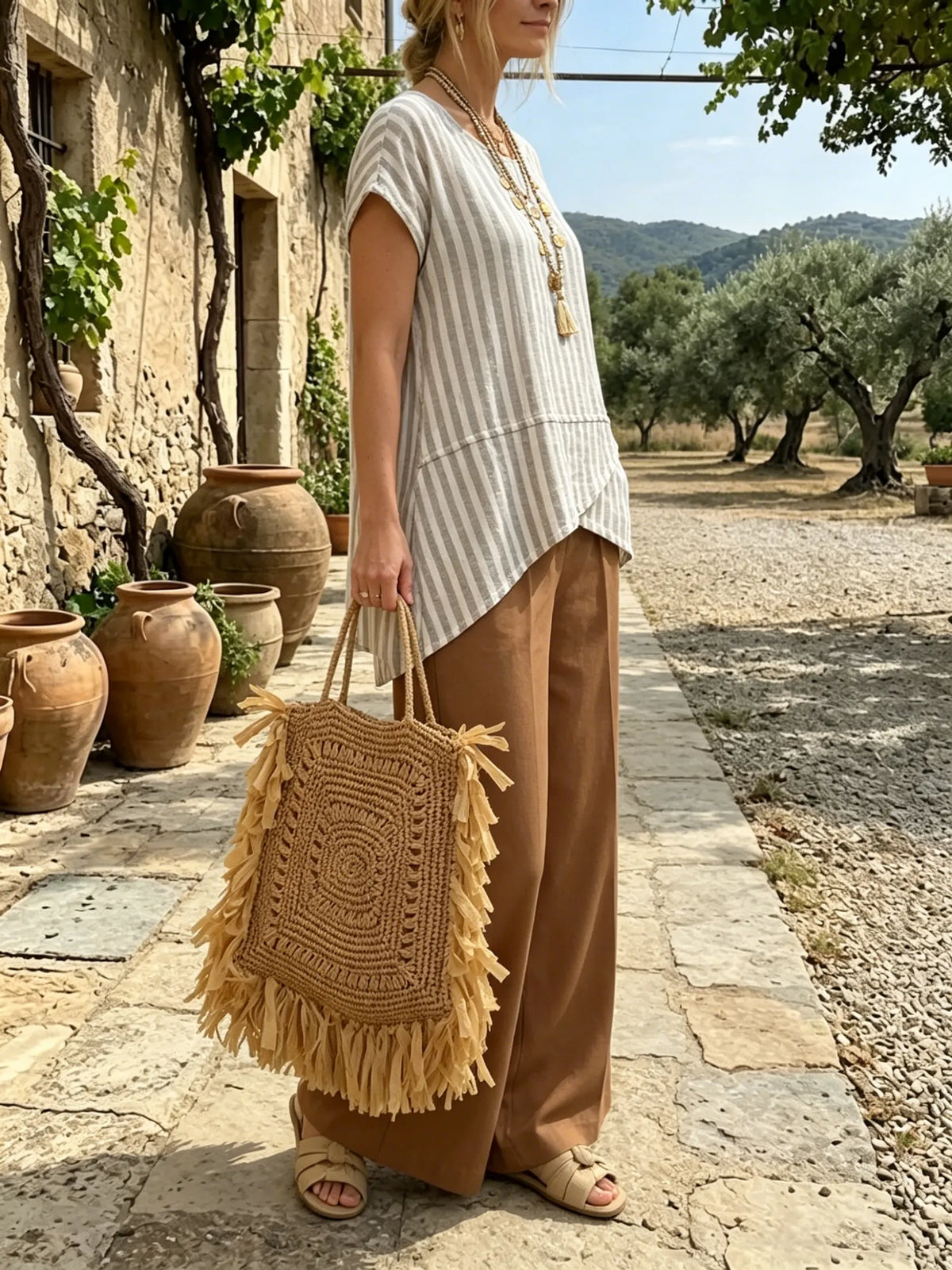 Women's Striped Tunic and Wide-Leg Pants Set