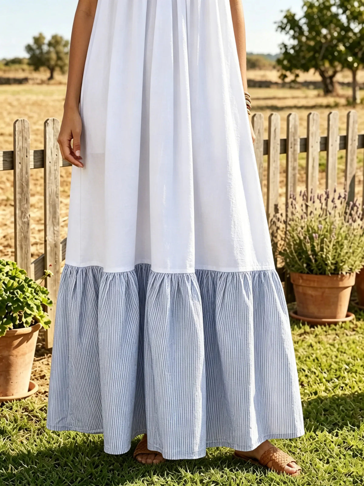 Women Solid Base Thin Vertical Stripe Patch Tiered Slip Maxi Dress