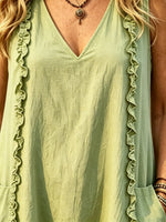 Women's Solid V-Neck Side Ruffle Pocket Sleeveless Mini Dress