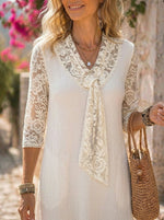 Women’s Cotton Lace Spliced Tie V Neck Cotton Midi Dress With Pockets