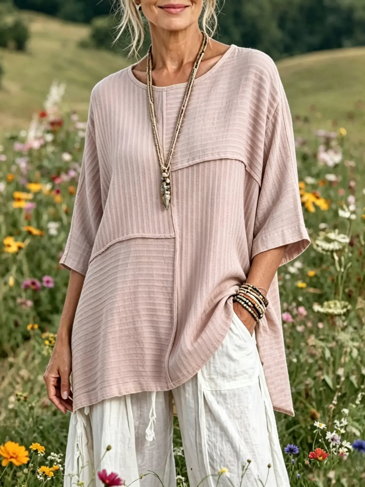 Women's Solid Vertical Stripe Patchwork Round Neck 3/4 Sleeve Oversized Linen Blouse
