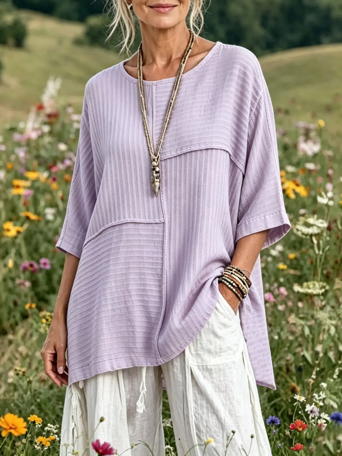 Women's Solid Vertical Stripe Patchwork Round Neck 3/4 Sleeve Oversized Linen Blouse