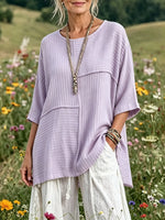 Women's Solid Vertical Stripe Patchwork Round Neck 3/4 Sleeve Oversized Linen Blouse