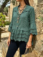 Women's Dark Green Eyelet Peplum Shirt