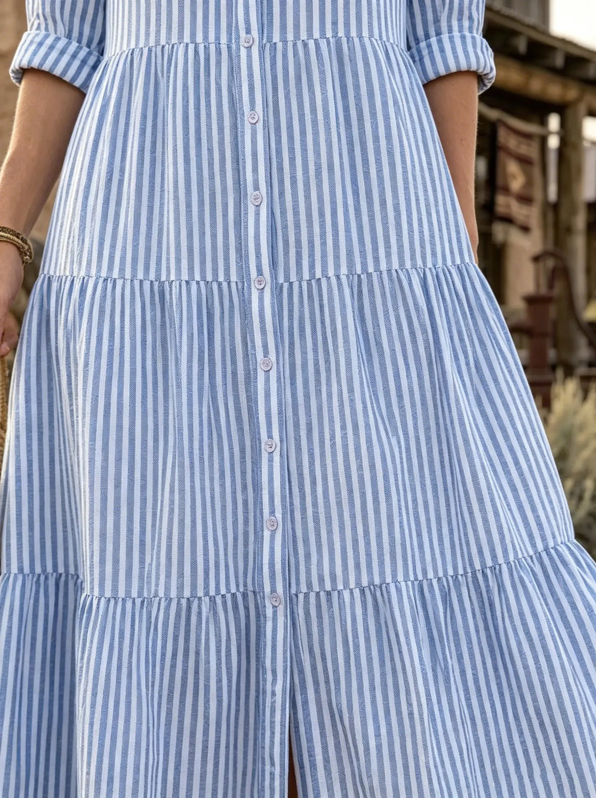 Coastal Breeze Striped Tiered Shirt Dress