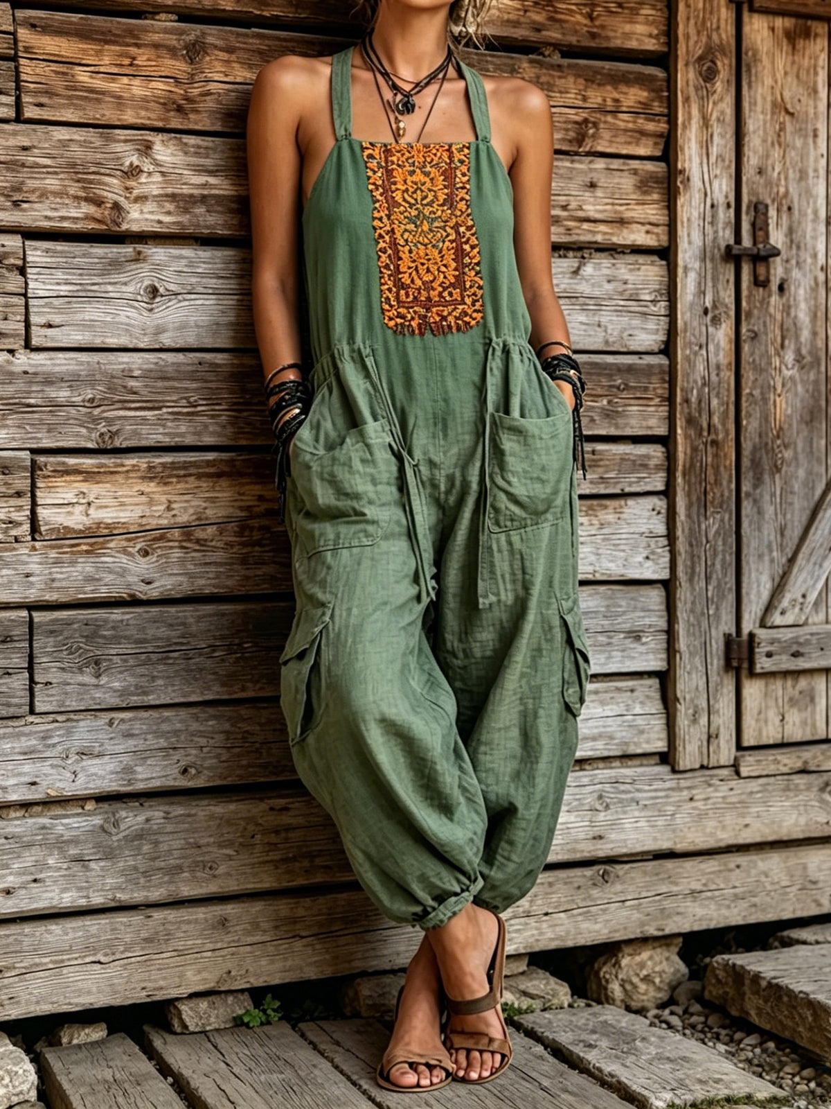 Women's Boho Embroidered Harem Jumpsuit – Sleeveless Cotton Linen Romper with Utility Pockets
