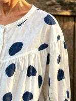 Women’s Navy Polka Dot Round Neck Linen Blouse, Gathered 3/4 Sleeve Button Down Shirt