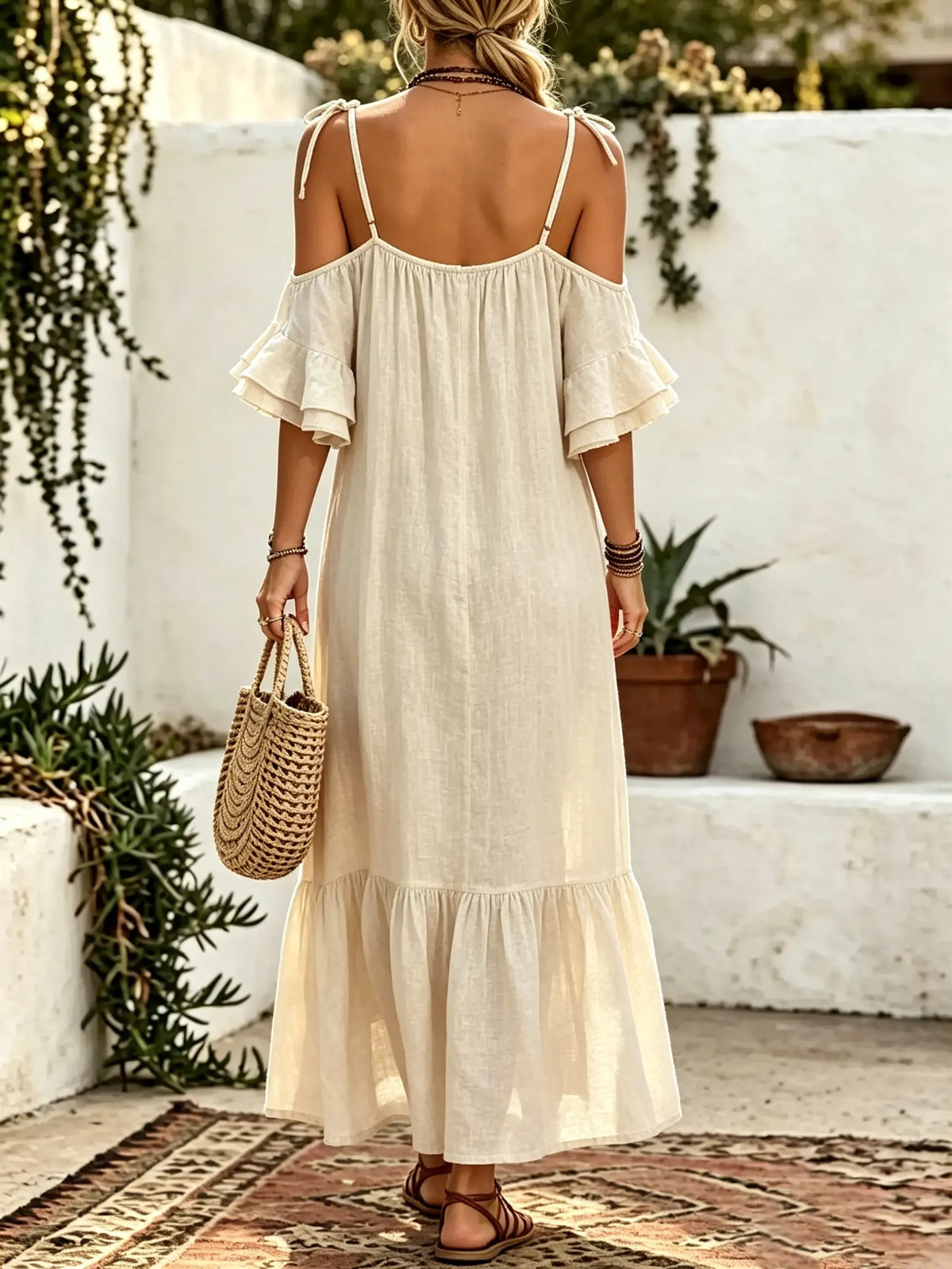 Women Solid Tie Cold Shoulder Button Front Split Ruffle Maxi Dress