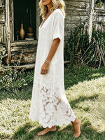 Women's White V Neck Floral Lace Patchwork Linen Midi Dress, Short Sleeve Loose Casual Dress with Pockets